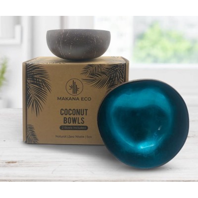 Makana Eco COCONUT BOWLS Decorative BLUE SET OF 2 Unique Candy Bowl Coconut Shell Fruit Snacks & Nuts Holder Decorative Key Dish Catchall Dish Healing Stones Storage For Home or Office - B15V81O2W