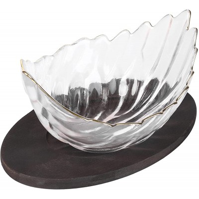 MyGift Modern Decorative Glass Candy Bowl for Office Countertop Fruit Bowl with Etched Feather Design Brass Tone Rim and Dark Brown Oval Wood Base - BINM0SX20