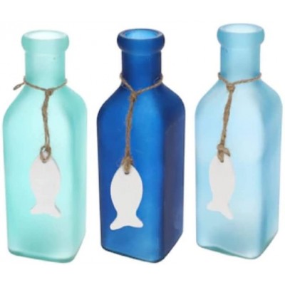 Beach Cottage Decorative Glass Bottles in Blue Turquoise and Powder Blue Coastal Decor for Bathroom Salts and More Set of Three - BP3GGK3JR