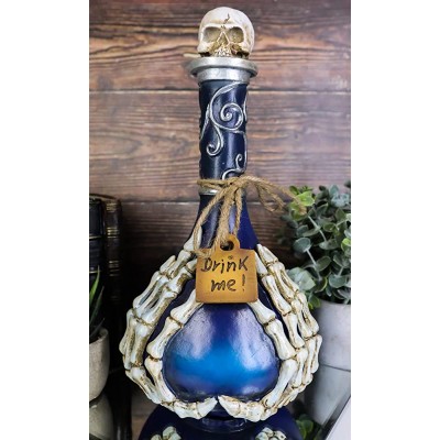 Ebros Gift Wicca Occult Witchcraft Black Magic Inverted Heart Blue 'Drink Me!' Decorative Potion Bottle with Skeleton Fingers Silver Scrollwork Borders and Skull Topper Halloween Desk Ornament Accent - BYIIG06TC