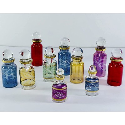 Egyptian Perfume Bottles Glass blown Genie bottles potions Perfume Bottles Wholesale Set of 10 Miniature bottles Size from 1.5” to 3.25 inches with handmade Gold engraved decorative vials. Assorted colors for essential& perfume oils by Egyptian Hand B