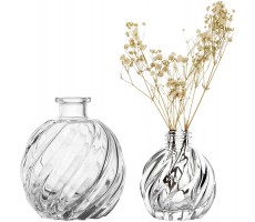MyGift Modern Clear Glass Reed Diffuser Bottle Small Round Decorative Bottles Flower Bud Vase with Spiral Ribbed Textured Pattern Set of 2 - B6R7WYZSM