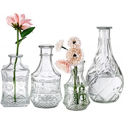 MyGift Set of 4 Assorted Decorative Glass Bottles Flower Bud Vase Essential Oil Diffuser Bottles with Vintage Embossed Pattern Design - BRIMWSXLB