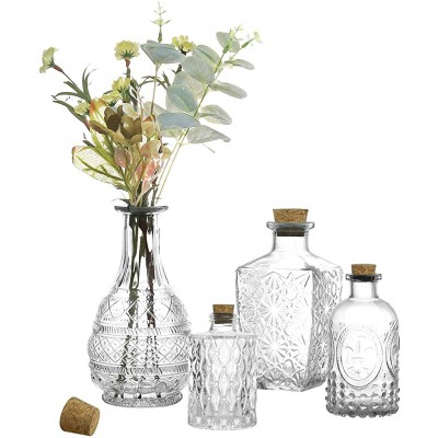 MyGift Small Clear Glass Reed Diffuser Bottles Vintage Embossed Apothecary Style Flower Bud Vases with Cork Lids Assorted Design and Sizes Set of 4 - BU6XK4XGC