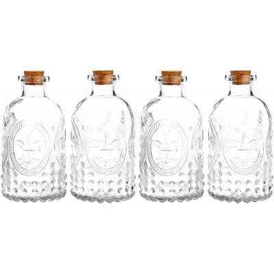 MyGift Vintage Embossed Clear Glass Diffuser Bottles with Cork Lids Miniature Bud Vase Set of 4 - BFETE4UCT