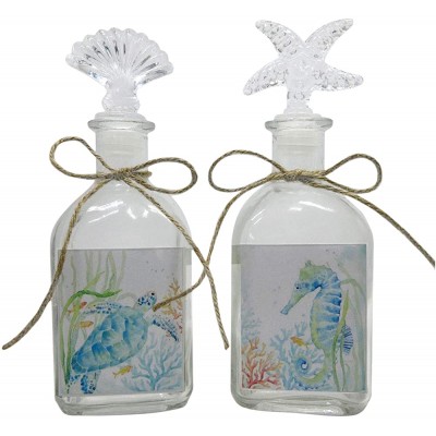 Set of 2 Coastal Sealife Glass Jars Sand Keepsake Bottles with Decorative Stoppers - BOQPGZRSI