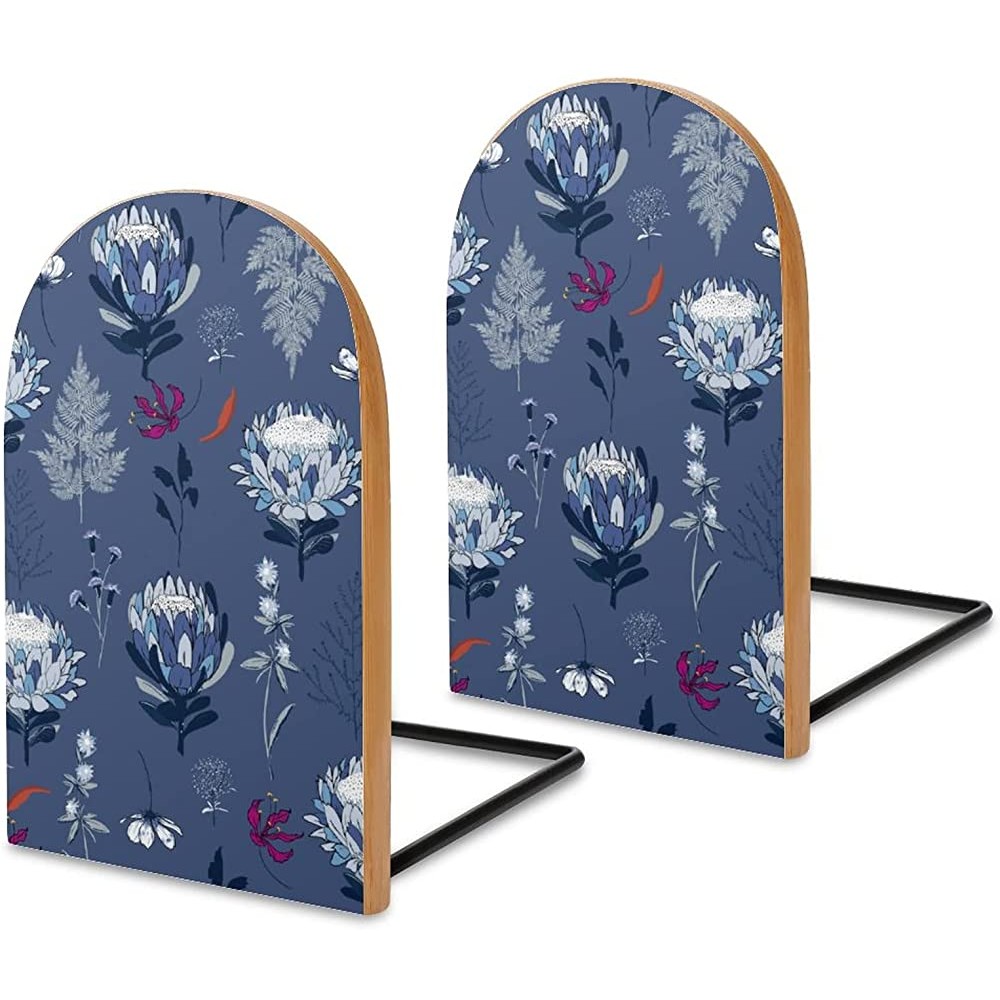2 PCs Wood Book Ends Blue Tone Protea Flowers Flourishing in Abstract Garden Retro Floral Modern Decorative Bookends for Shelves Book Ends to Hold Heavy Books for Office Home Desk 5x3 inch - BIGTW9YU0