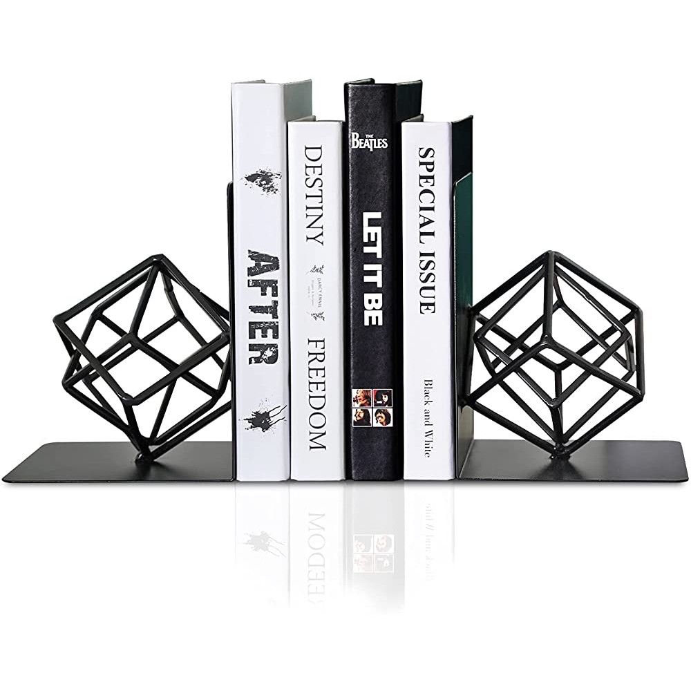 Bookends Decorative Book End Black Metal Heavy Duty Art Bookend Unique Geometric Book Ends Book Stopper to Hold Books Modern Holder Bookshelf Decor Home Office or Kitchen Shelves Reader Love Gift - BBG81LHHD