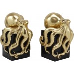 Ebros Contemporary Gold Color Octopus Light Duty Bookends Statue Set Nautical Coastal Resin Decorative Office Study-Room Library Desktop Decor Figurines Black Base - B5AOG3E6P