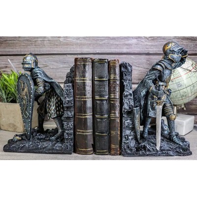Ebros Medieval Dragon Heraldry Knight Bookends Statue 8" Tall Set Suit of Armor Swordsman Warrior with Heraldry Shield Renaissance Age of Kings Decorative Bookends Sculpture - BELL7G58L
