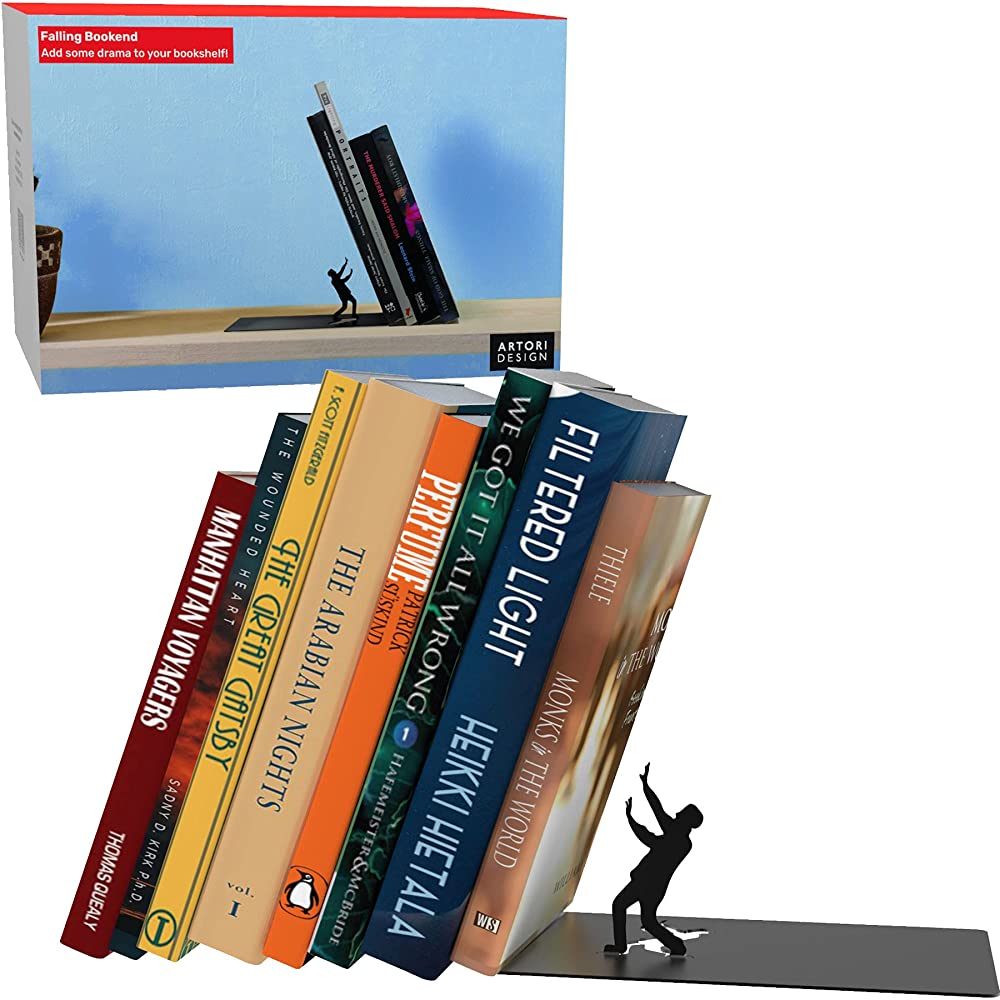 Unique Metal Decorative Bookends Whimsical Hidden Book Ends for a Cool Book Holder Display Cute Home Decor and Modern Gift Idea for Shelves Desk or Table Falling - BSALZNWGW