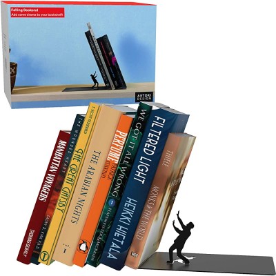 Unique Metal Decorative Bookends Whimsical Hidden Book Ends for a Cool Book Holder Display Cute Home Decor and Modern Gift Idea for Shelves Desk or Table Falling - BVGCDR2YY