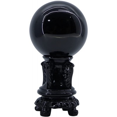 Black Obsidian Crystal Ball 3 inch 80 mm with Wooden Stand， Decorative Ball， Gazing Divination or Feng Shui and Fortune - BN7KFB9J3