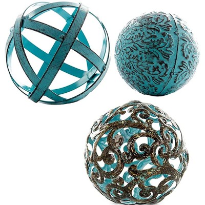 Blue Decorative Sphere Set of 3 Blue Metal Band Fancy Swirl Textured Metal Hollow Damask Ball - BJM2WLGPK