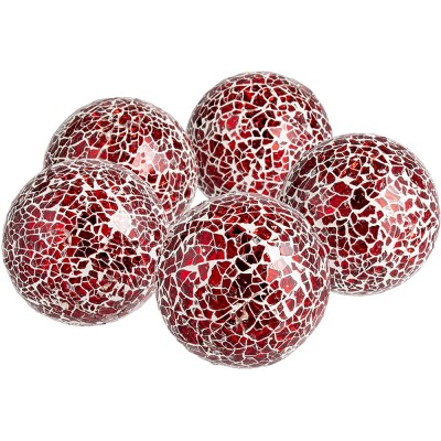 Ka Home Red Mosaic Glass Orbs Set of 5 Decorative Sphere Balls for Centerpiece Tray and Bowl Displays -3 inches Each - B4MR7MM0T