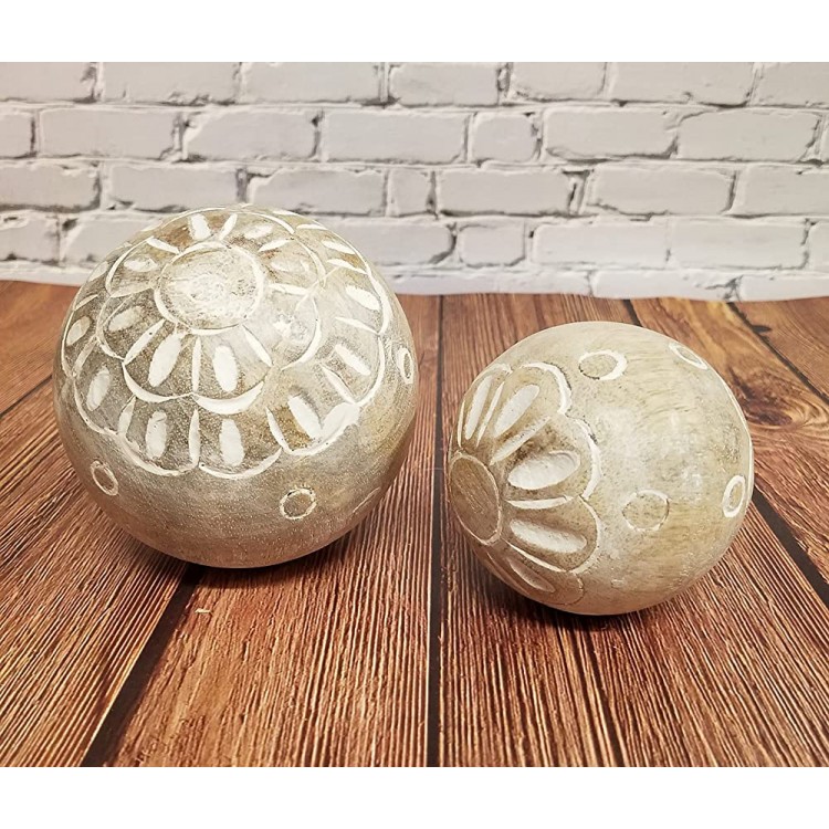PD Home Set of 2 Carved Medallion Decorative Wood Balls with White Accents - B3J07VJG2