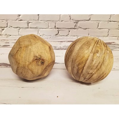 Set of 2 Decorative Carved Wood Balls Honeycomb and Swirl Design Decor - BI2416AZA
