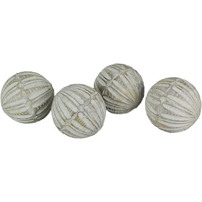 Things2Die4 Weathered Whitewashed Hand Carved Wooden Decor Balls Set of 4 - B7L6VPLM1