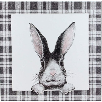 10" Decorative Black and White Bunny Rabbit Drawing on Plaid Wall Art - B4R0EITRQ