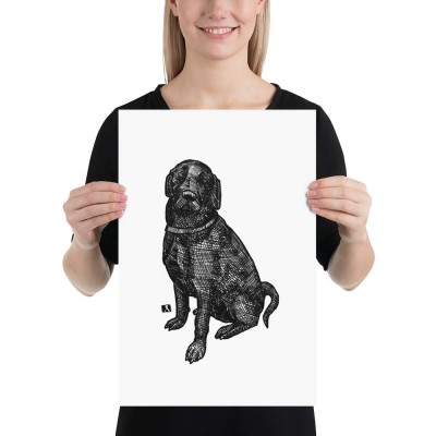BellavanceInk: Pen & Ink Drawing of Sitting Black Labrador Retriever Black Lab Dog - BRT0FBV9Y