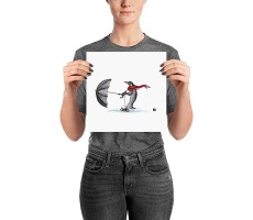 BellavanceInk: Pen & Ink Drawing Print of Penguin and His Umbrella Ice Skating - BQBV2QHF9