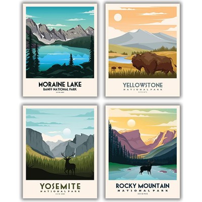National Parks Vintage Posters & Prints | Set of 4 11 inches x 14 inches Mountain Wall Art Decor Poster | Nature Mountain Art Decor | Moraine Lake Banff Yellowstone Yosemite Rocky Mountain National Parks Print UNFRAMED - B5HXRZLT2