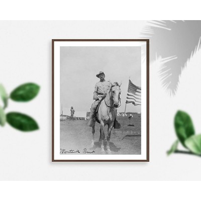 1898 photo Montauk Point Rough Riders Col. Roosevelt graphic. photograph shows Theodore Roosevelt wearing Rough Rider uniform seated on horse facing front with American flag on the right. Vintage 8x10 Photograph Ready to Frame - B775GWBR1