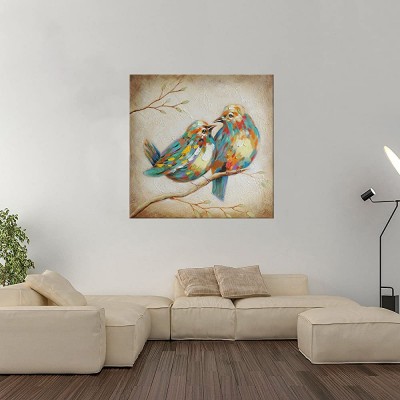 Beauty Decor 100% Hand Painted Oil Painting Animal Colorful Birds Painting with Stretched Frame Wall Art for Home Decor Ready to Hang 16X16 Quirky Birds - BCDGNV0YW