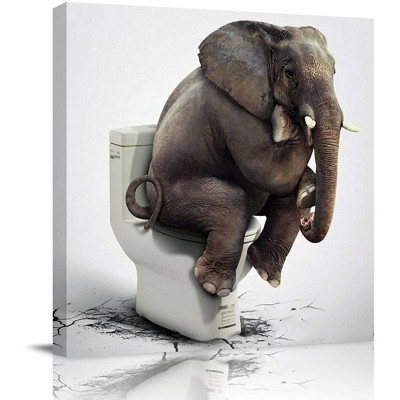 Canvas Wall Art for Living Room Bedroom Bathroom Funny Elephant Sitting on The Toilet Modern Artwork Oil Painting Animal Picture Strenched and Framed 16 x 16In - BDNQZTMGV