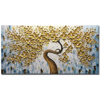 Metuu Art 24x48 Inch Golden Flower Paintings 3D Abstract Paintings Lucky Tree Oil Hand Painting On Canvas Wood Inside Framed Ready to Hang Wall Decoration for Living Room - BRA0SI826