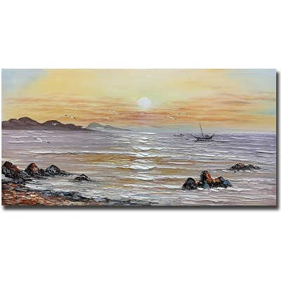 Paviliart Seaside Sunset 24 x 48 inch 100% Hand Painted Oil Painting on Canvas Wall Art Wood Inside Framed Modern Art Decoration Ready to Hang in Dining Room Bedroom - BSW64MRF5