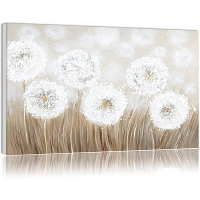 White 3D Dandelion Wall Decor Canvas Modern Abstract Art Floral Painting Framed Hand Painted Wall Art Picture Decoration Artwork for Living Room Framed 20X28 inch - BUDAB5BER