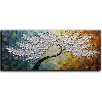 YaSheng Art -100% Hand-Painted Contemporary Art Oil Painting On Canvas Texture Palette Knife Tree Paintings Modern Home Interior Decor Abstract Art 3D Flowers Paintings Large Canvas Art 24x60inch - BKW8MIROT