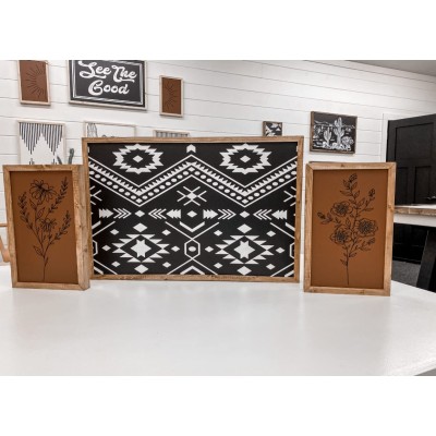 Aztec & Flower Wooden Artwork Set | Large Wood Wall Decor Set | Handmade Wall Art - BQYXF3F3U