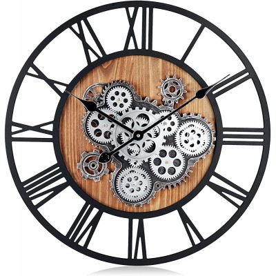 Lafocuse 23 Inch Black Moving Gear Wall Clock Large Steampunk Industrial Wooden Skeleton Quartz Clocks with Roman Numerals for Living Room Office Bar - BU4U71IPG