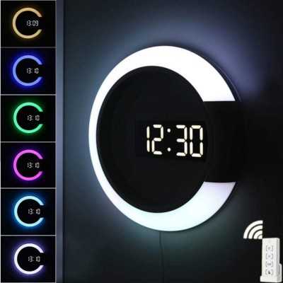 LED Wall Clock USB Power Remote Control Digital Wall Clock Creative LED Mirror Wall Clock with Alarm Temperature Ring Multicolor Light 12 Inch Round Hollow Wall Light with Color Switching - B0NI7RIJS