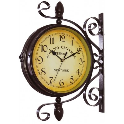 WOOCH Wrought Iron Antique-Look Brown Round Wall Hanging Double Sided Two Faces Retro Station Clock Round Chandelier Wall Hanging Clock with Scroll Wall Side Mount Home Décor Wall Clock 8-inch - BTN82ICQT
