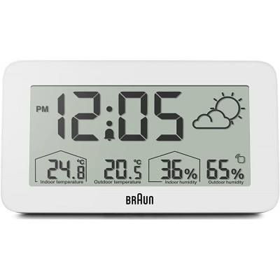 Braun Digital Weather Station Clock with Indoor and Outdoor Temperature and Humidity Forecast LCD Display Quick-Set Crescendo beep Alarm in White Model BC13WP. - B1LRS8NNJ