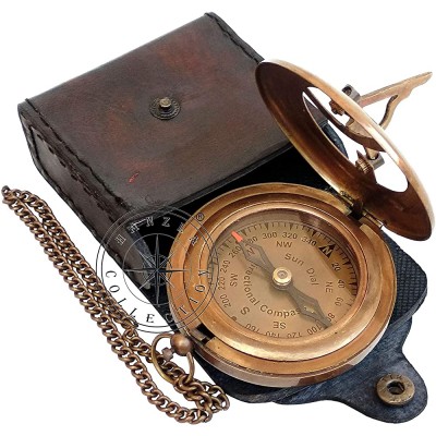 Hanzla Collection Antique Brass Sundial Compass with Leather Case and Chain Push Open Compass Steampunk Accessory Beautiful Handmade Gift Sundial Clock - BL47CYJCD