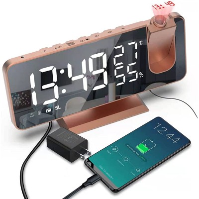 Projection Alarm Clock FM Radio Digital Clock on Ceiling Alarm Clock for Bedroom with USB Charging Port Dual Alarm 4 Brightness Levels Snooze Temperature & Humidity Display Rose Gold - BOO1Q8ZRN