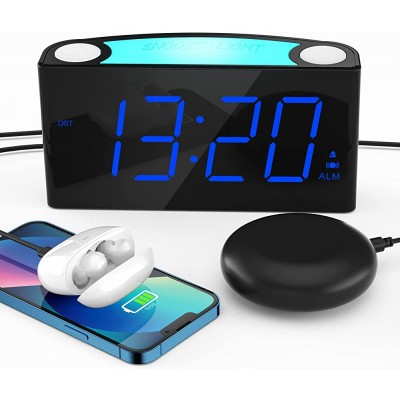 Loud Alarm Clock for Heavy Sleepers Hearing Impaired Adults Vibrating Bed Shaker Alarm Clock with 2 USB Chargers,7 Color Night Light 0-100% Dimmer & Battery Backup Digital Clock for Teens Kids - BXFZD128M