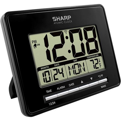 Sharp Atomic Desktop Clock – Auto Set Digital Alarm Clock Atomic Accuracy Easy to Read Screen with Time Date Temperature Display- Perfect for Nightstand or Desk - BY9NHRREX