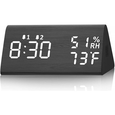 WulaWindy Digital Alarm Clock Dual Alarm Weekday  Weekend Mode 12 24Hr Snooze Controls Alarm Volume and Brightness Wood LED Clocks for Bedroom Bedside Desk Kids Black - BRLOITOXE