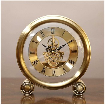 Bulaxxooo Mechanical Table Clock Study Bedroom Mantel Clock Metal Battery Clock Round Golden Silent Clock - B1T2A3T8X