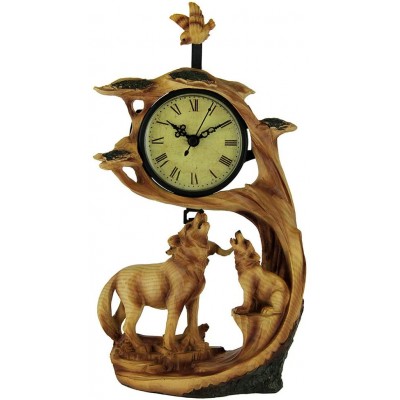 Wolf Family Safari Carved Wood Look Clock Figurine - BFVHHXS2T