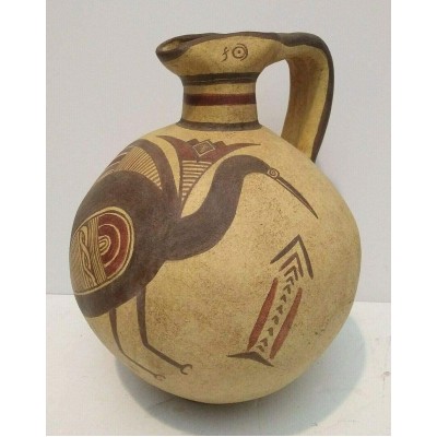 Latin American Sd Original Ceramic Pottery Pitcher w Bird & Snake Designs 12" T - B0E097N59