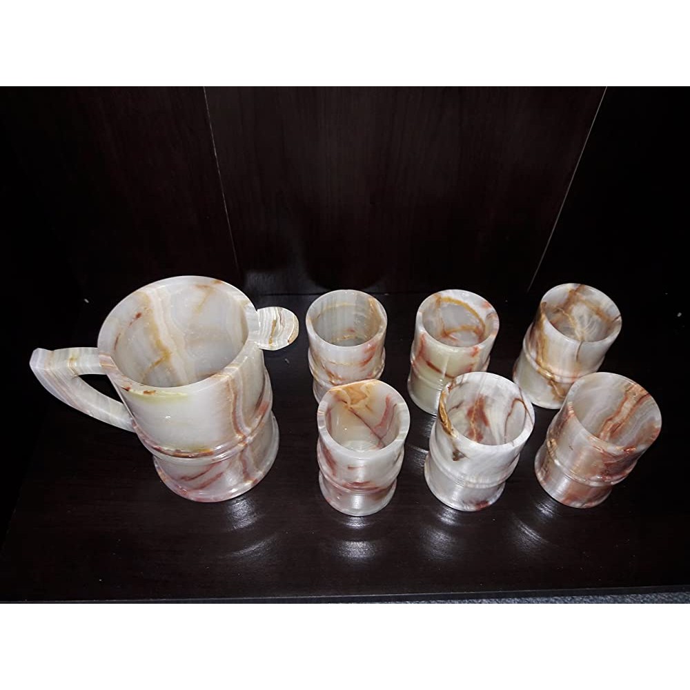 Onyx Marble Jag & Glass Set,Beer Pitcher with 6 Glass Hand Carved,Decorative, - BJLS8F6ZI