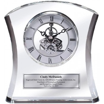 Tower Da Vinci Crystal Clock with Silver Dial and Silver Engraving Plate Personalized Desk Clock Wedding Gift Retirement Employee Service Awards Executive Gifts - BNRHSGSVA