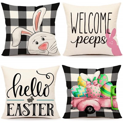 4TH Emotion Easter Pillow Covers 18x18 Set of 4 Easter Decorations for Spring Farmhouse Pillows Easter Decorative Throw Pillows Buffalo Plaid Bunny Eggs Throw Cushion Case for Home Decor TH086-18 - BQ9MRSR96