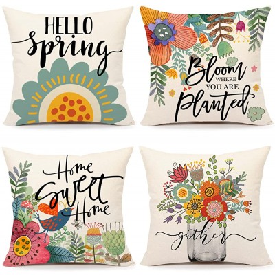 4TH Emotion Spring Floral Pillow Covers 18x18 Set of 4 Farmhouse Decor Home Sweet Home Bloom Mason Jar Flowers Holiday Decorations Throw Cushion Case for Home Decorations TH096 - B92HH4A56